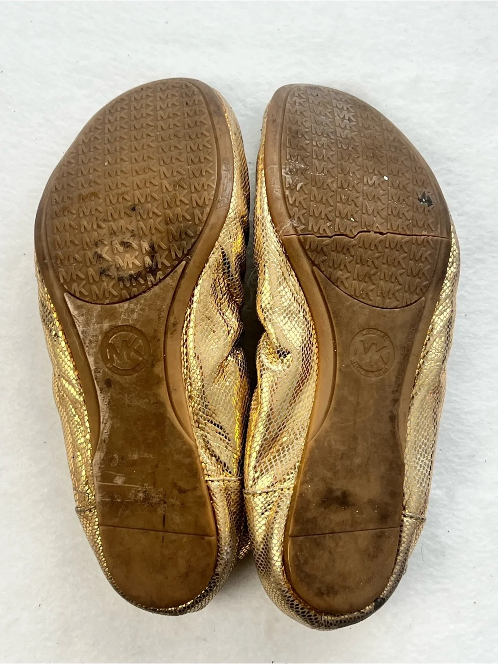 Michael Kors Gold Metallic Snake-Textured Ballet Flats MK Logo Women’s Size 5